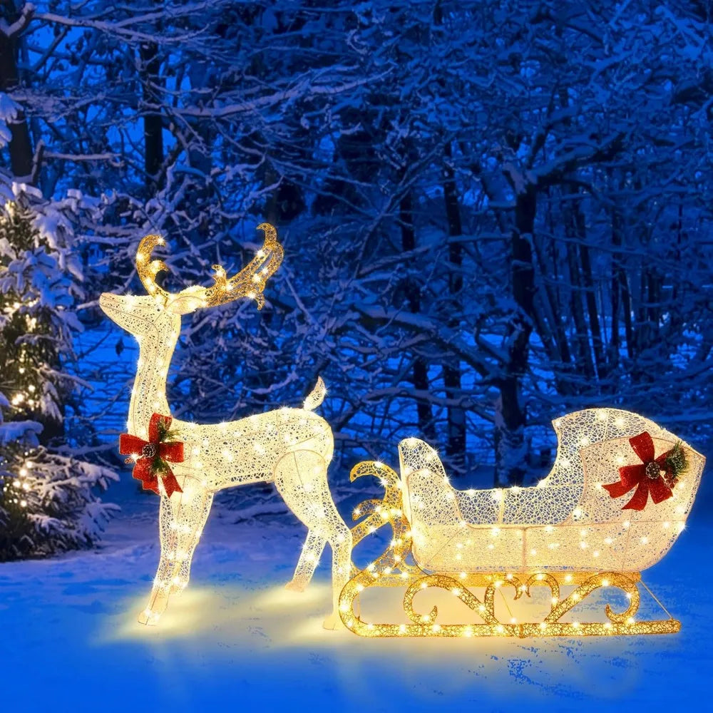 🎄✨ 6FT Lighted Reindeer & Santa’s Sleigh 🎅 🌟