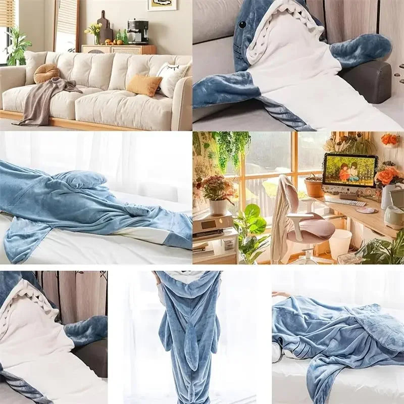 1pc New Shark Blanket For Adult Wearable Winter Warm Blanket Hooded Playsuit Onesie Funny Sleeping Bag For Slumber Party