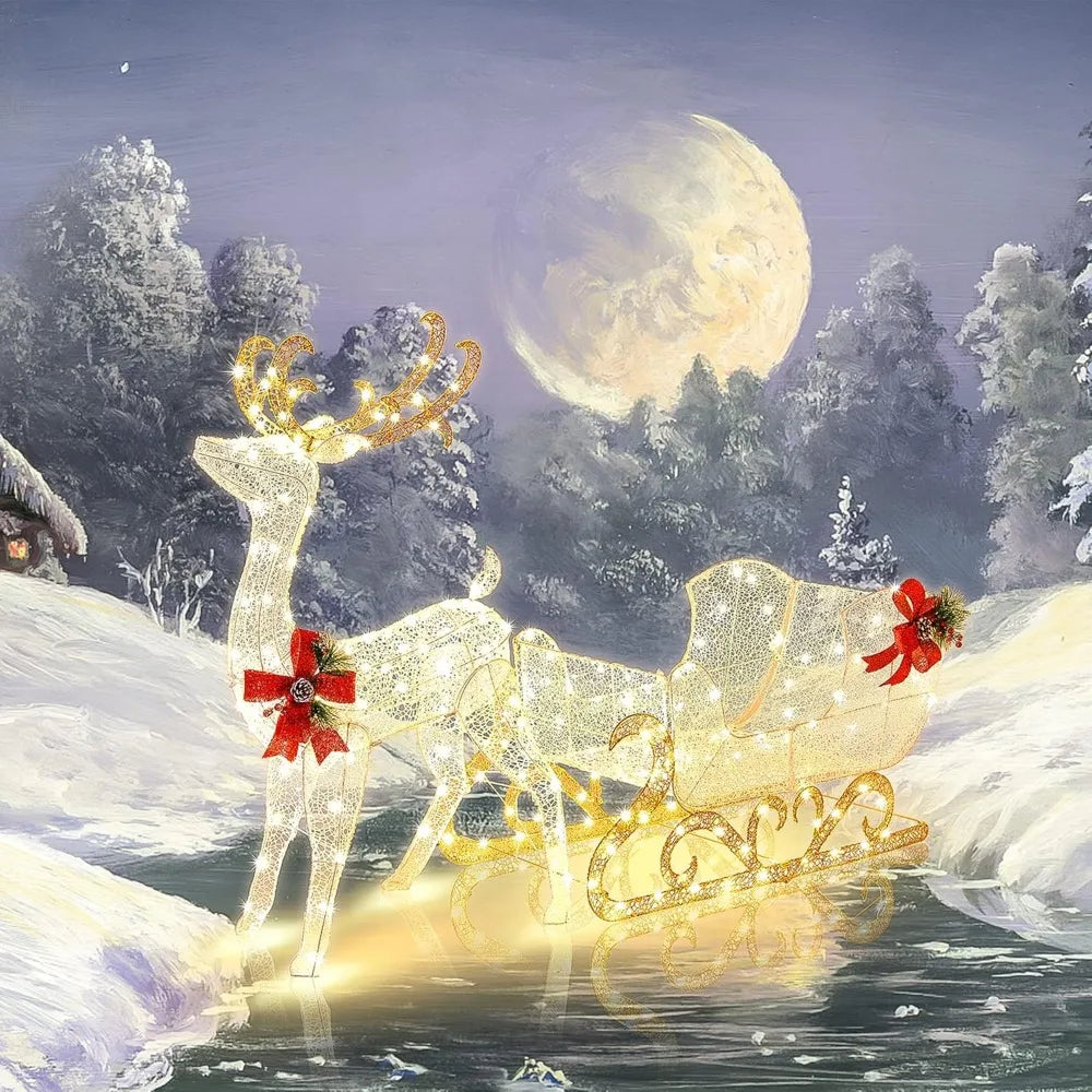 🎄✨ 6FT Lighted Reindeer & Santa’s Sleigh 🎅 🌟